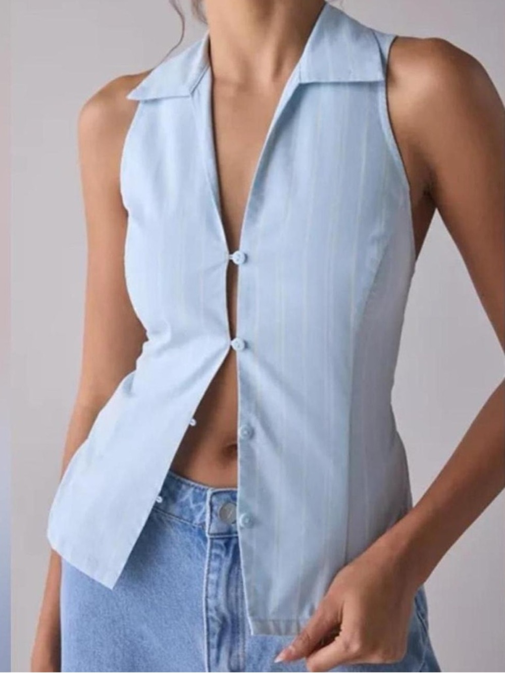 Urban Outfitters Blue Party Girl Cotton- Blend Button Down Sleeveless Shirt